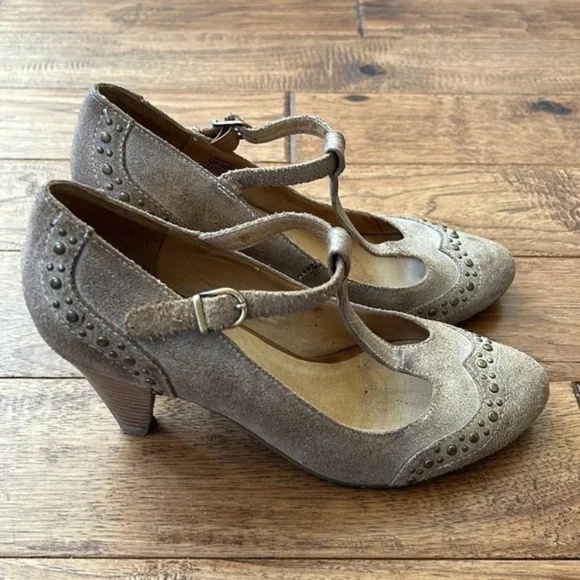 Anthropologie Chocolat Blu Odette T-Strap Mary Jane Heels Tan Leather Size 8.5 - Picture 5 of 14